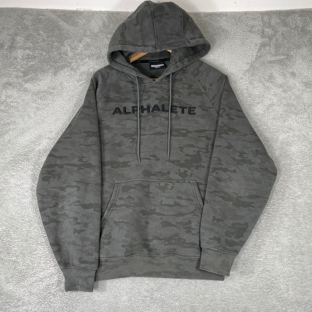 Alphalete Hoodie‎ Mens Small Gray Camo Spellout Gym Athleisure Streetwear